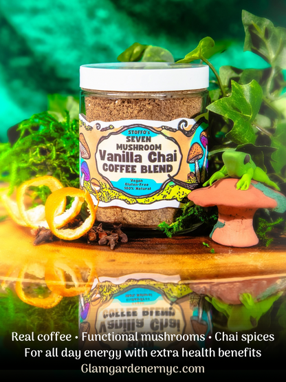 An image of Stoffo’s 7 Mushroom Vanilla Chai Coffee with text that says “Real coffee • Functional mushrooms • Chai spices
For all day energy with extra health benefits
Glamgardenernyc.com.” The photo shows the jar of the coffee with a clay frog next to it and the photoshoot features a green background with a forested vibe.