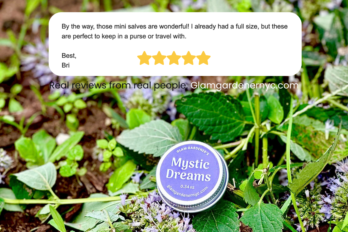 A round tin of Mystic Dreams salve by Glam Gardeners lies on a bed of green leaves and small purple flowers. A white review card with a five-star rating and a customer testimonial is superimposed at the top reading, "By the way, those mini salves are wonderful! I already had a full size, but these are perfect to keep in a purse or travel with. Best, Bri" Review Reviews from real people. Glam gardenernyc.com. 