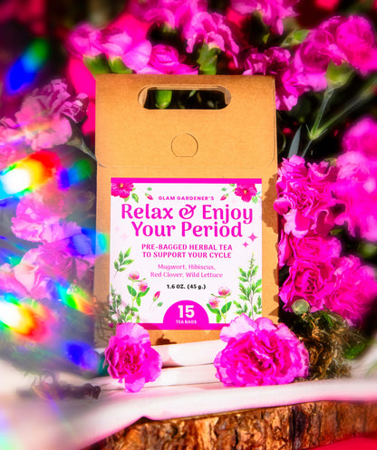 Glam Gardener’s Relax and Enjoy Your Period Tea with mugwort, red clover, hibiscus, and wild lettuce, front label