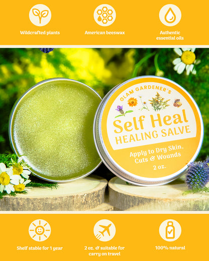 Glam Gardener’s Self heal salve is made from Wildcrafted plants, is shelf stable for 1 year, is suitable for carry on travel and is all natural