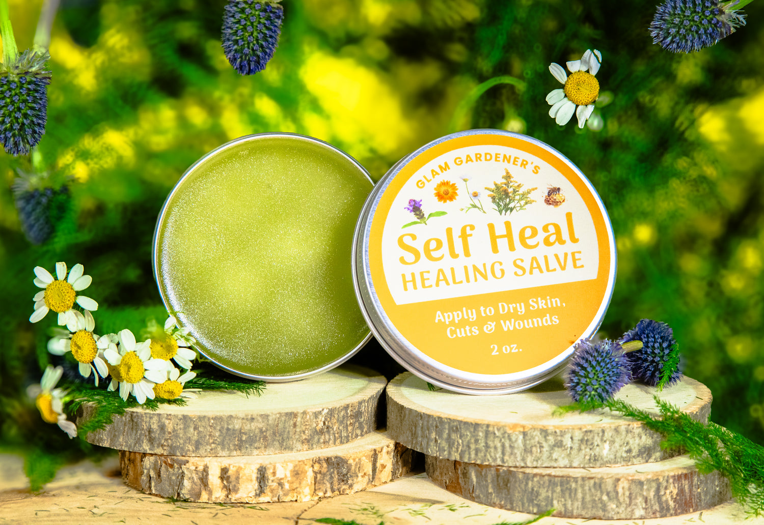 Glam Gardener's Self Heal, healing salve. Apply to dry skin, cuts & wounds.