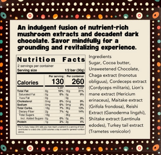Nutrition facts for Stoffo’s 7 Mushroom Dark Chocolate Bar with Chaga, Reishi, Lion’s Mane, Turkey Tail, Cordyceps, Shiitake & Maitake