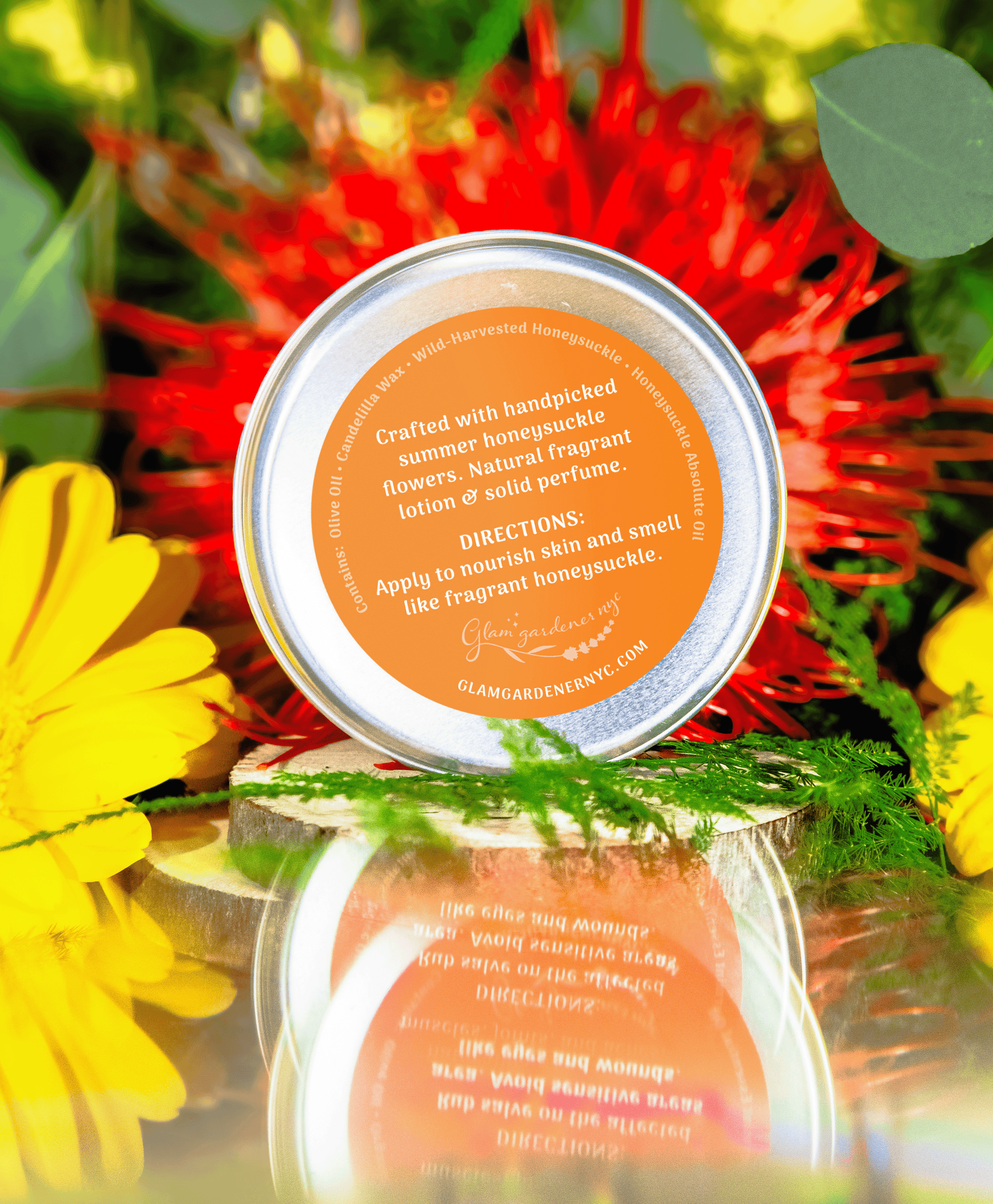 Vegan Sweet Nectar Salve by Glam Gardener NYC with 100% Plant-Based Ingredients & Honeysuckle, featuring a floral background. Label reads: Crafted with handpicked summer honeysuckle flowers. Natural fragrant lotion & solid perfume. Directions: Apply to nourish skin and smell like fragrant honeysuckle.