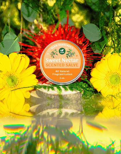 Vegan Sweet Nectar Salve by Glam Gardener NYC with 100% Plant-Based Ingredients & Honeysuckle, featuring a floral background