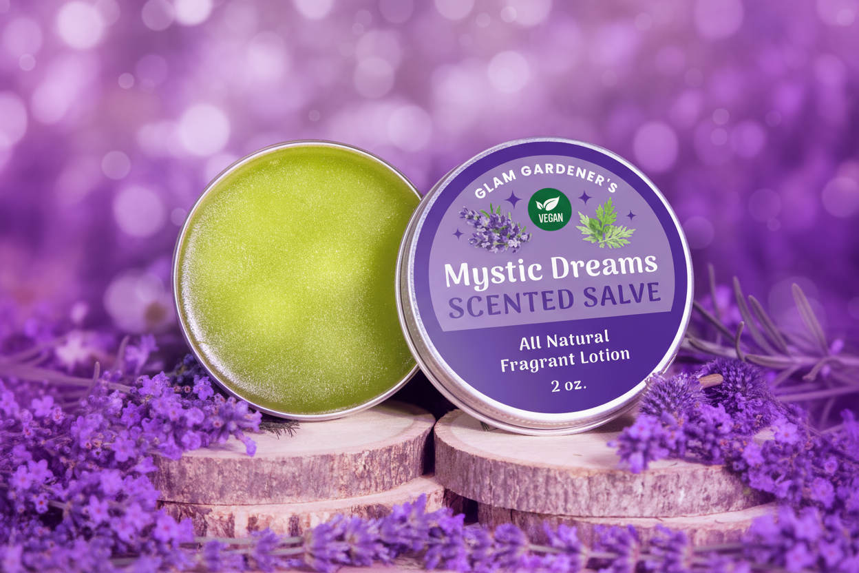 Vegan Mystic Dreams Scented Salve by Glam Gardener NYC Front label. A product made with 100% vegan and natural ingredients by Glam Gardener NYC. A scented salve with mugwort and lavender infused for sweet dreams, aromatherapy and perfume.