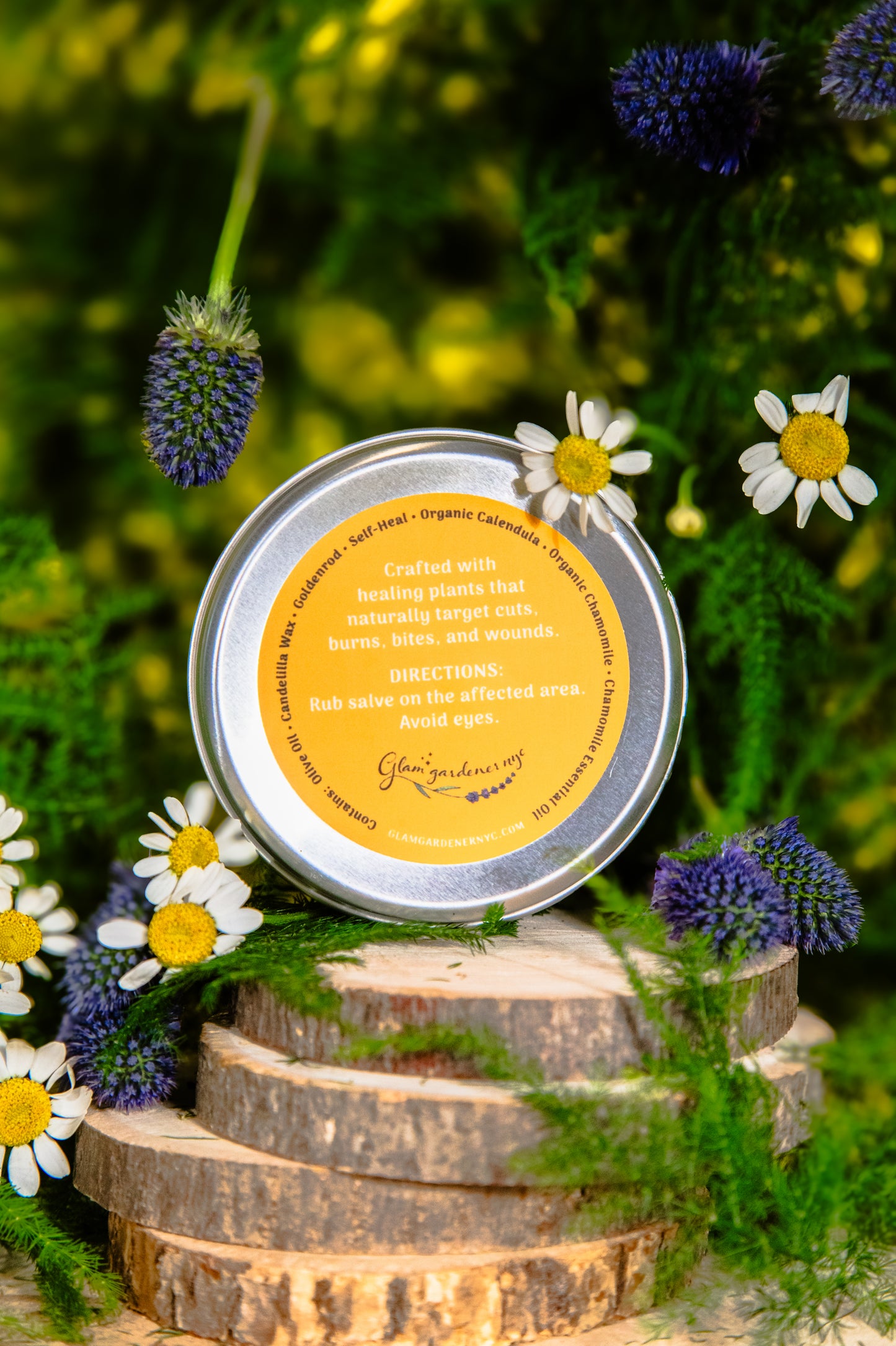 Back label - Vegan Self Heal by Glam Gardener NYC 100% Plant Based Herbal Salve with Prunella Vulgaris Calendula Goldenrod Chamomile - Handcrafted in New York Wildharvested plants and Organic