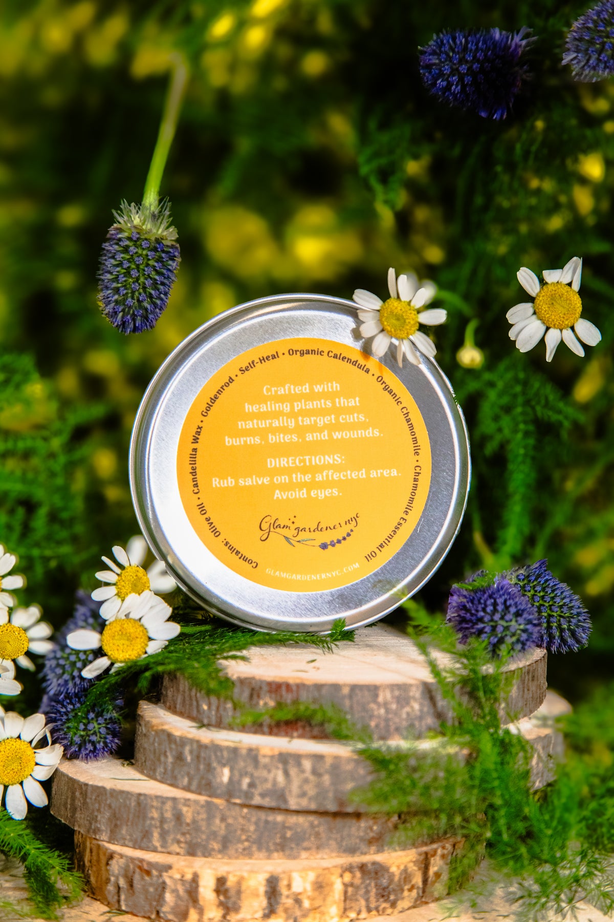 Back label - Vegan Self Heal by Glam Gardener NYC 100% Plant Based Herbal Salve with Prunella Vulgaris Calendula Goldenrod Chamomile - Handcrafted in New York Wildharvested plants and Organic
