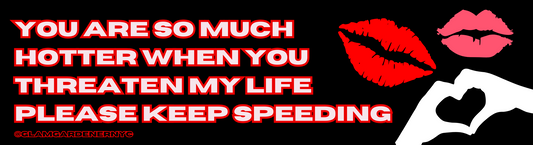 Silly bumper stickers by Glam Gardener NYC. You are so much hotter when you threaten my life, please keep speeding. Silly bumper stickers for women. 