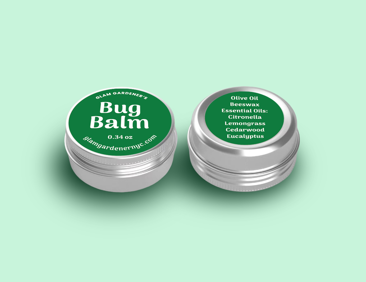 Glam Gardener's Bug Balm is 0.34 ounces of a natural bug repelling salve with Olive Oil, beeswax, citronella essential oil, lemongrass essential oil, cedarwood essential oil, and eucalyptus essential oil. The label is green and it comes in a small sized aluminum tin.
