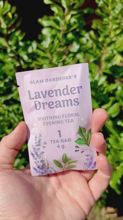 Lavender Dreams by Glam Gardener Single Tea Bag held in hand against green bayberry background to show size, front, and back of packaging.