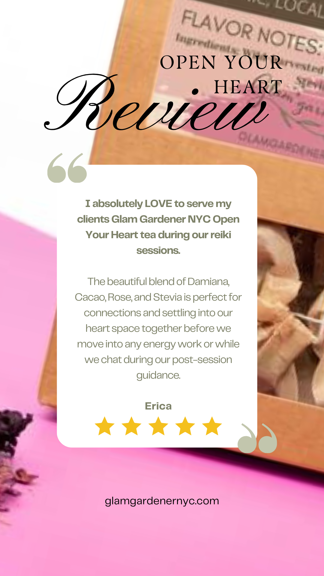 glam gardener nyc review of open your heart herbal tea with organic cacao, damiana, stevia leaf, and rose handcrafted in New York