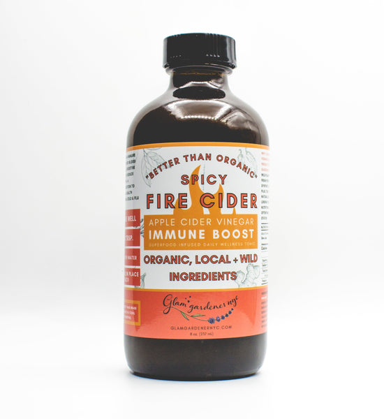 Glam Gardener's spicy, wild, local, and organic healthy fire cider with New York Honey, wild, and organic medicinal plants