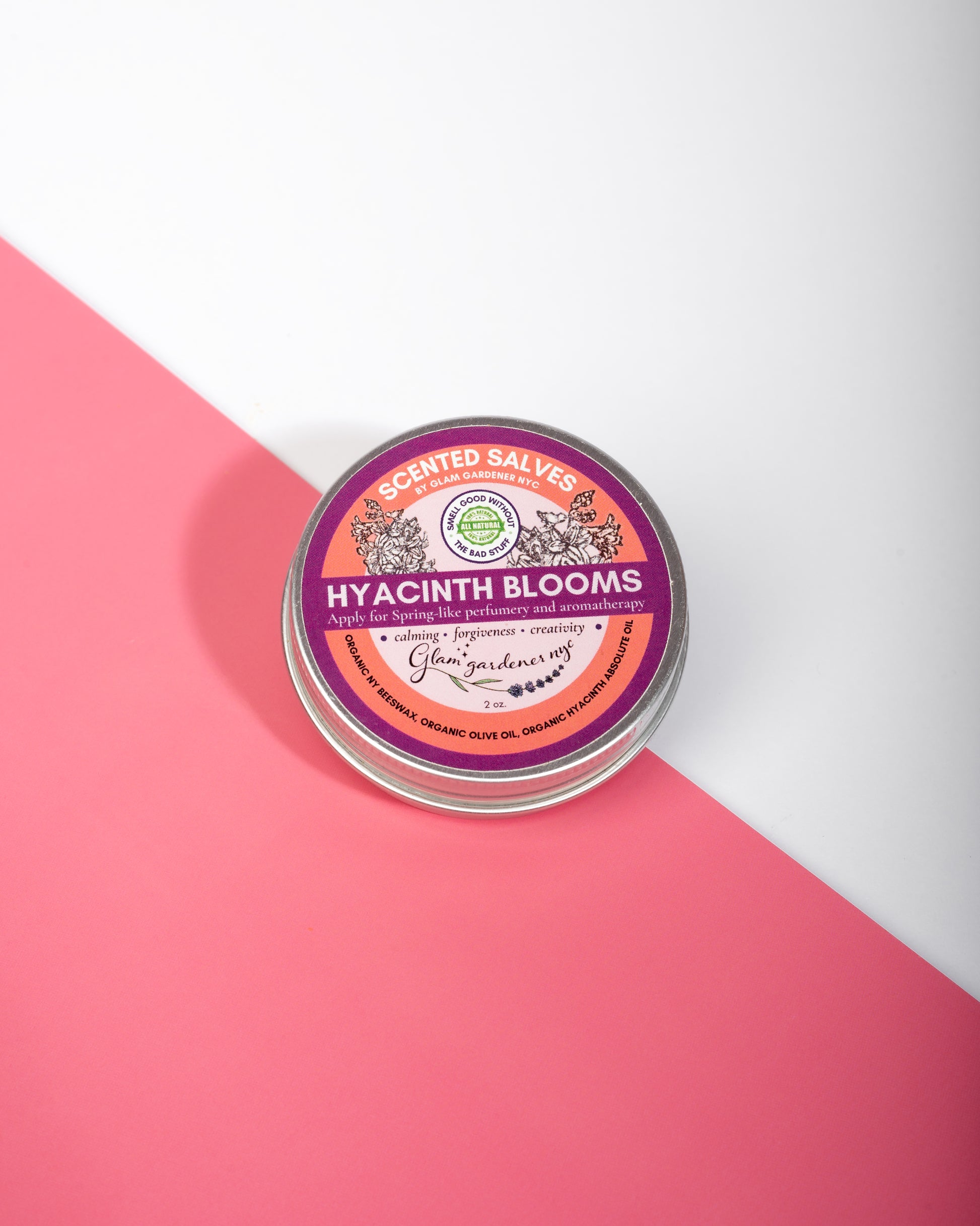 Glam Gardener's Hyacinth Blooms Center salve uses 100% wildcrafted and organic ingredients. It's a natural perfume and solid lotion.