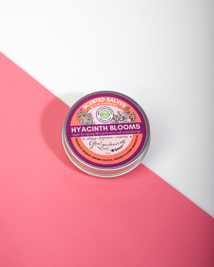Glam Gardener's Hyacinth Blooms Center salve uses 100% wildcrafted and organic ingredients. It's a natural perfume and solid lotion.