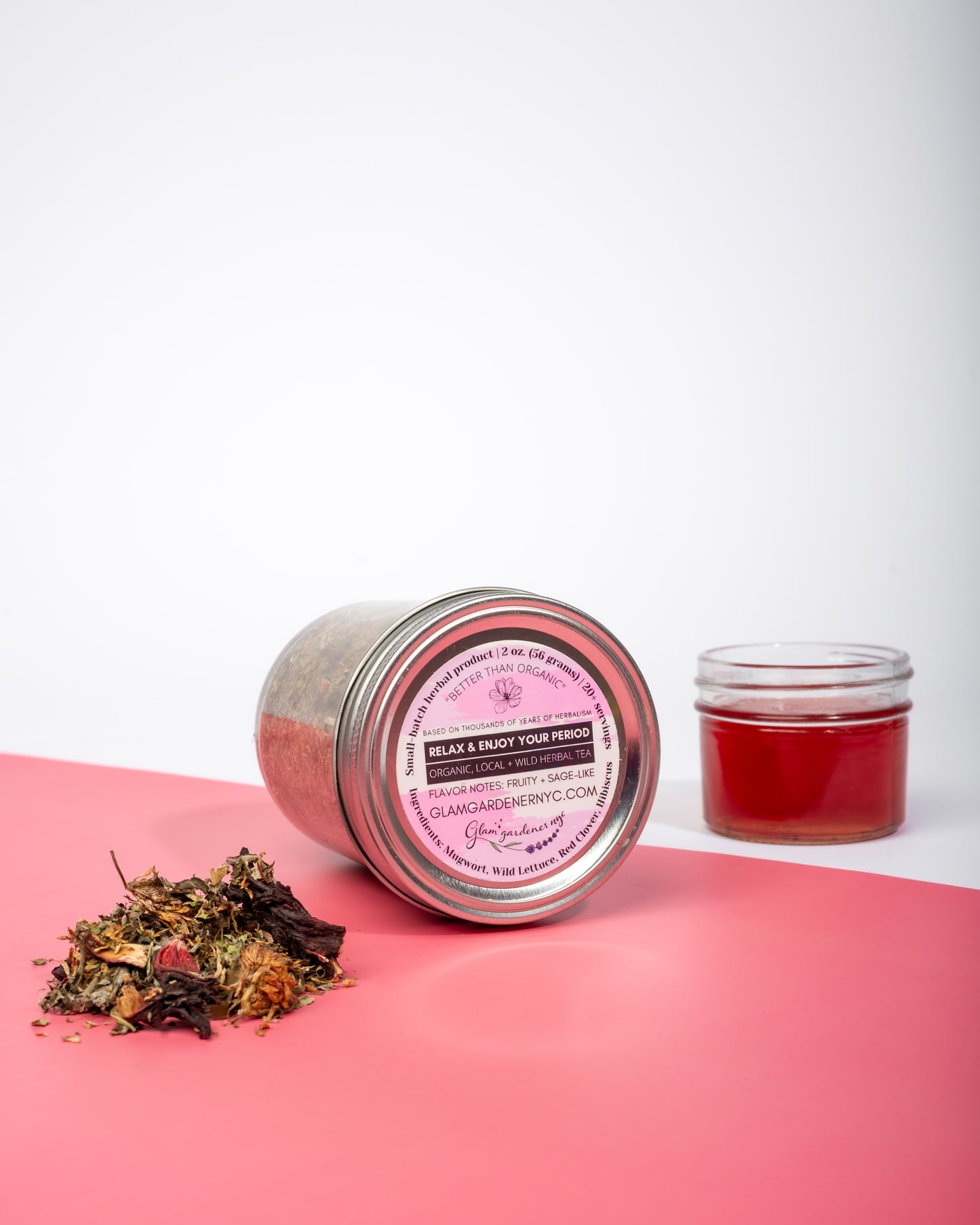 Relax & Enjoy Your Period looseleaf herbal tea with mugwort, red clover, wild lettuce, and hibiscus for a pleasant period and PMS relief