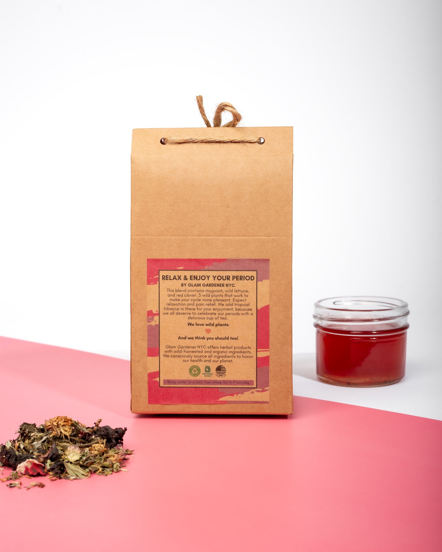 Relax & Enjoy Your Period bagged herbal tea with mugwort, red clover, wild lettuce, and hibiscus for a pleasant period and PMS relief