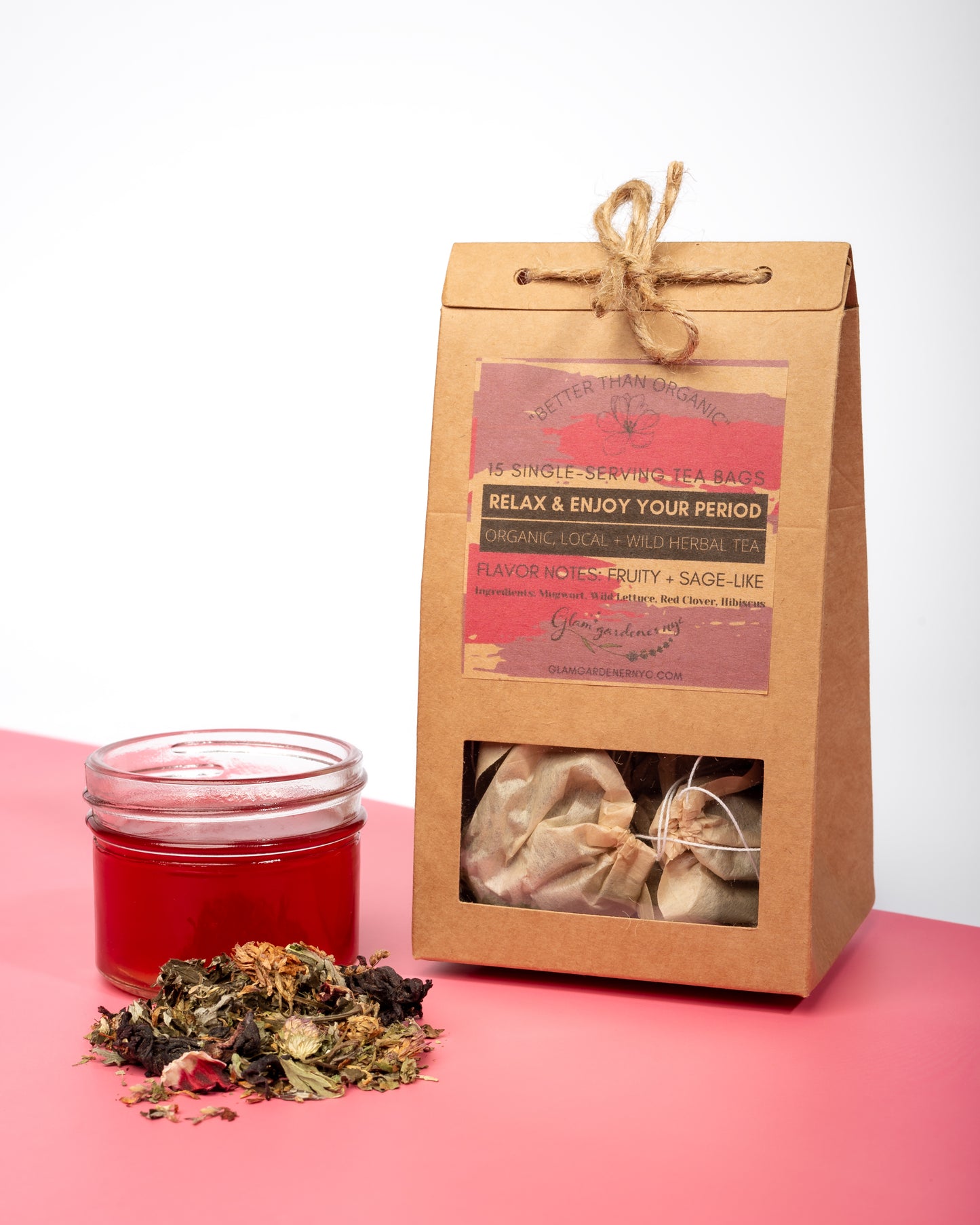 Relax & Enjoy Your Period bagged herbal tea with mugwort, red clover, wild lettuce, and hibiscus for a pleasant period and PMS relief