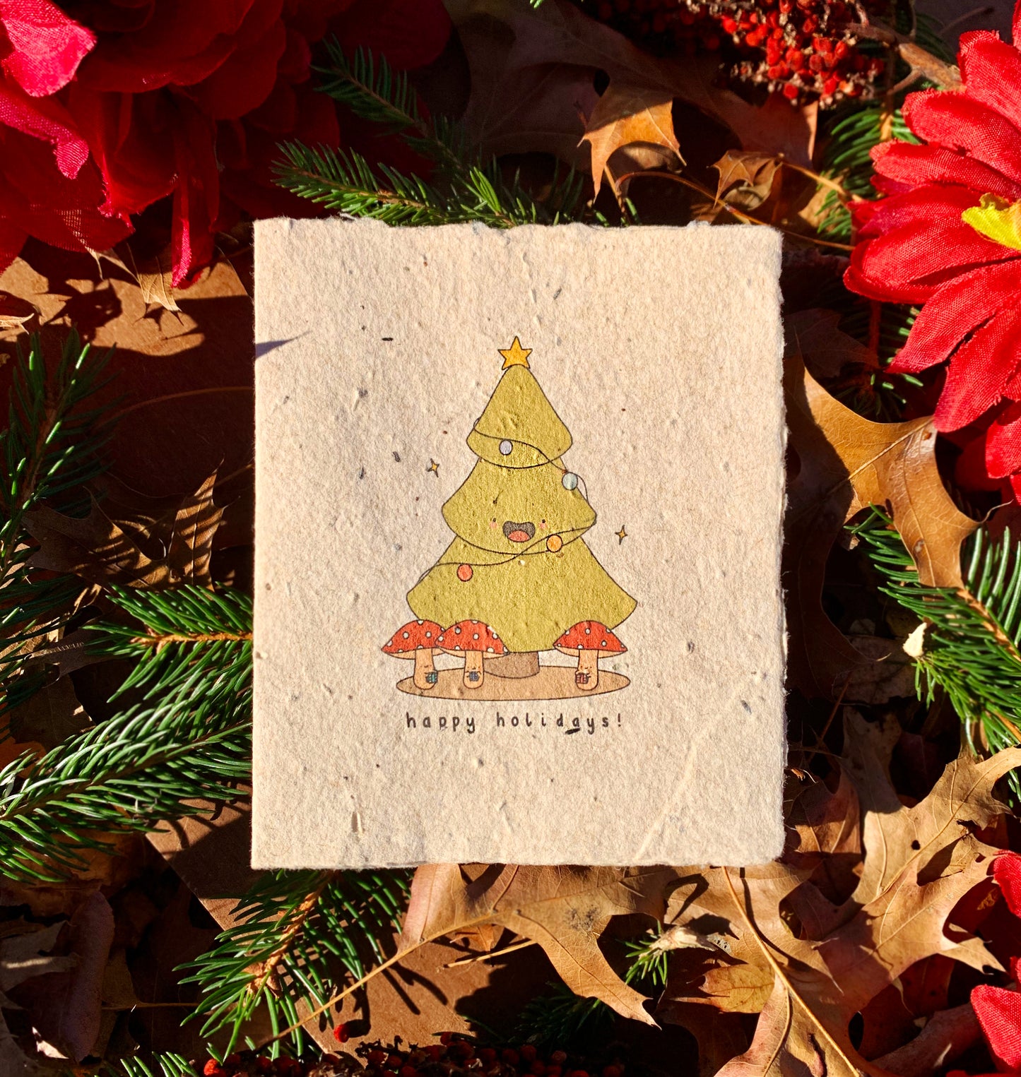 happy holidays card mushoom theme made with plantable seed paper