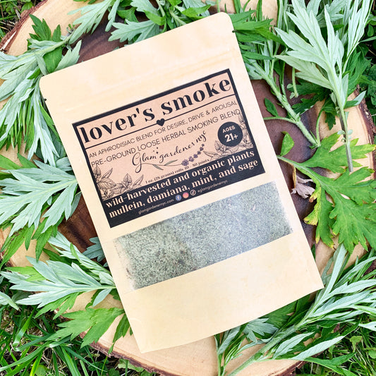 Lover's smoke: loose aphrodisiac herbal smoking blend with wild-harvested and organic mullein, damiana, mint, and sage