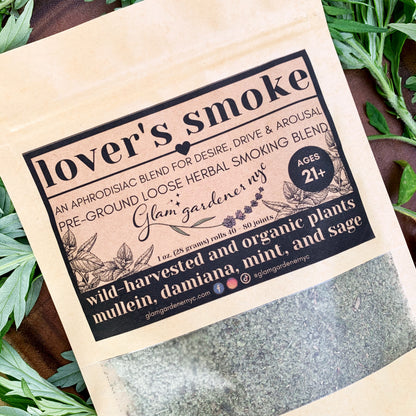 Loose herbal smoking blend with wild-harvested mullein, wild-harvested damiana, organic mint, and organic sage designed for lovers, aphrodisiac, and uplifting