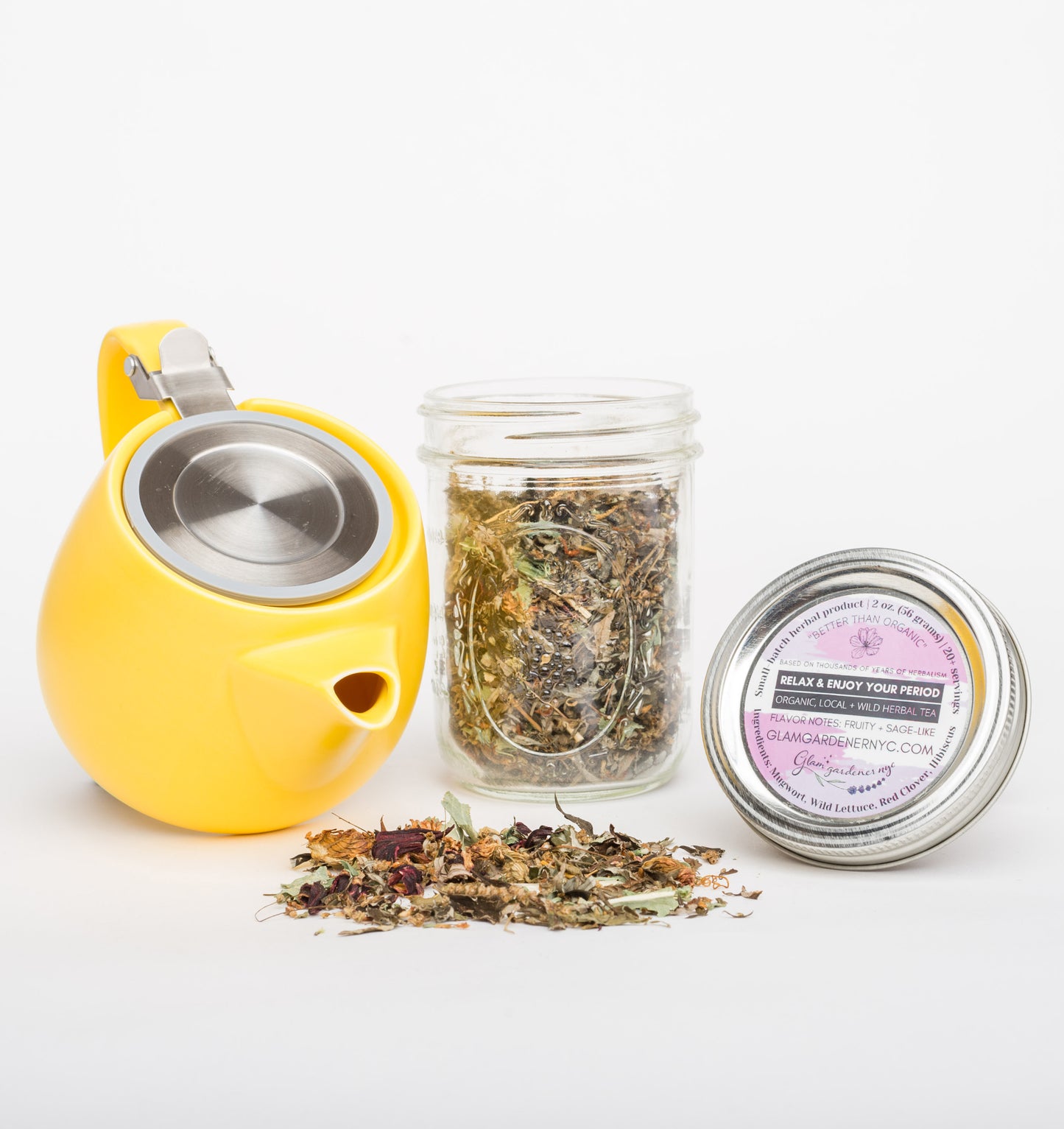 Relax & Enjoy Your Period looseleaf herbal tea with mugwort, red clover, wild lettuce, and hibiscus for a pleasant period and PMS relief