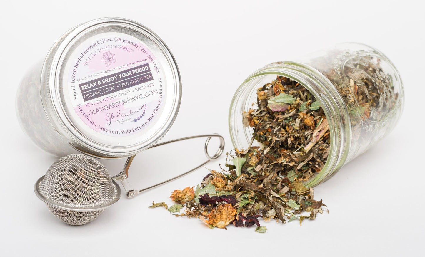 Relax & Enjoy Your Period looseleaf herbal tea with mugwort, red clover, wild lettuce, and hibiscus for a pleasant period and PMS relief
